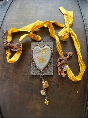 Hand Crafted Polymer Clay Heart Pendant Necklace with Mustard Ribbon